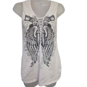BUSSTOP‎ Womens Graphic Tank Top White Wing Guns Lace Up Cutout Back M
